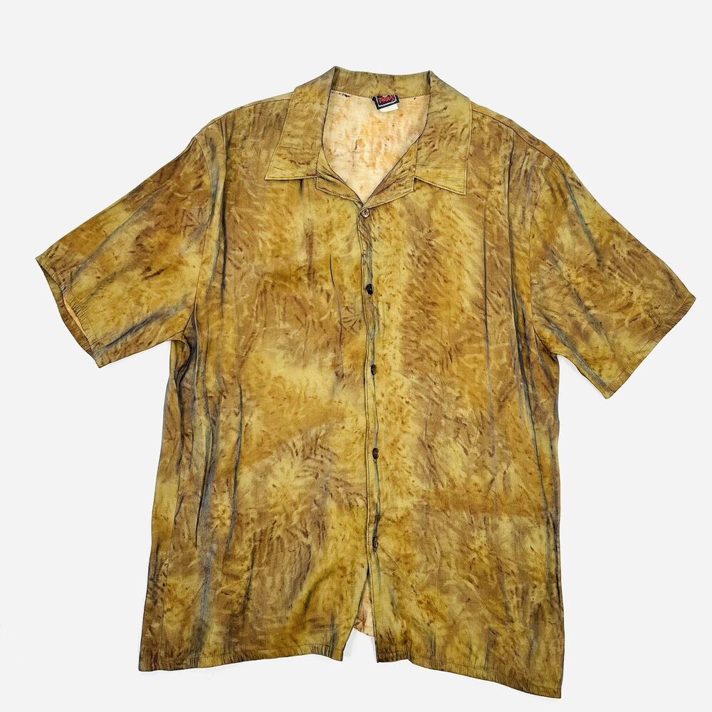 Vintage Morbid Threads Shirt Mens XL Brown Psychedelic Abstract Rayon Button Y2K